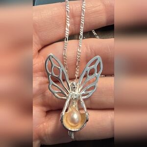 STERLING 925 FAIRY AND CULTURED PEARL PENDANT W/ FIGUERO NECKLACE 24 IN 10.16 Gr